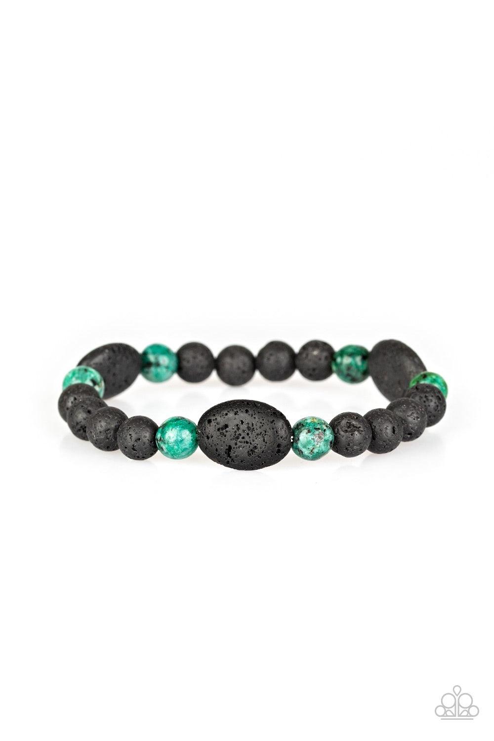 Paparazzi Accessories A Hundred And Zen Percent - Green A collection of black lava rocks and earthy green stone beads are threaded along a stretchy band around the wrist for a seasonal look. Jewelry