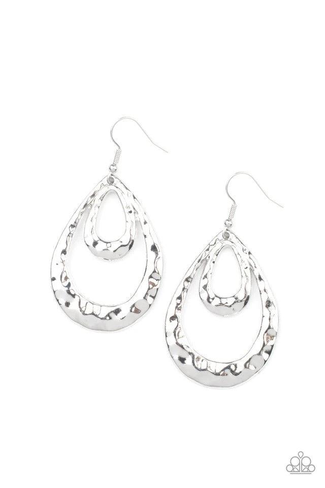 Paparazzi Accessories Museum Muse - Silver Hammered silver teardrops join into an edgy layered lure, creating an intense industrial display. Earring attaches to a standard fishhook fitting. Textured and shiny these double teardrop earrings hang perfectly