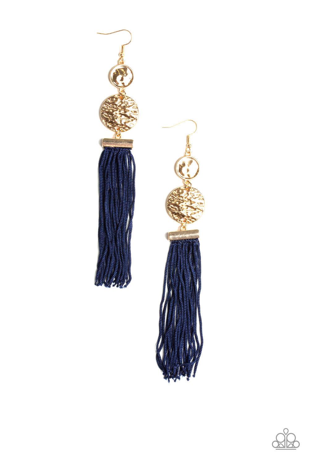 Paparazzi Accessories Lotus Gardena - Blue A collection of Evening Blue cording streams from the bottom of stacked hammered gold discs, creating a whimsical tassel. Earring attaches to a standard fishhook fitting. Jewelry