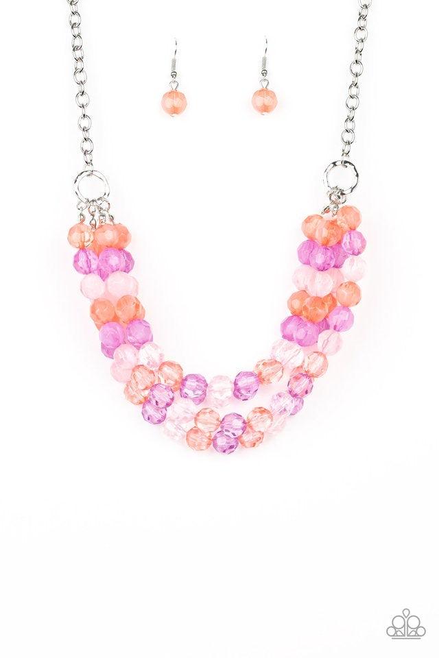 Paparazzi Accessories Summer Ice - Multi strands of faceted coral, pink, and purple crystal-like beads alternate below the collar, creating colorfully icy layers. Features an adjustable clasp closure. Jewelry