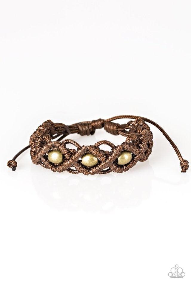 Paparazzi Accessories Nautical Navigator - Brown Brown twine and shiny brown cording knots around burnished brass beads, creating a netted pattern around the wrist. Features an adjustable sliding knot closure. Jewelry