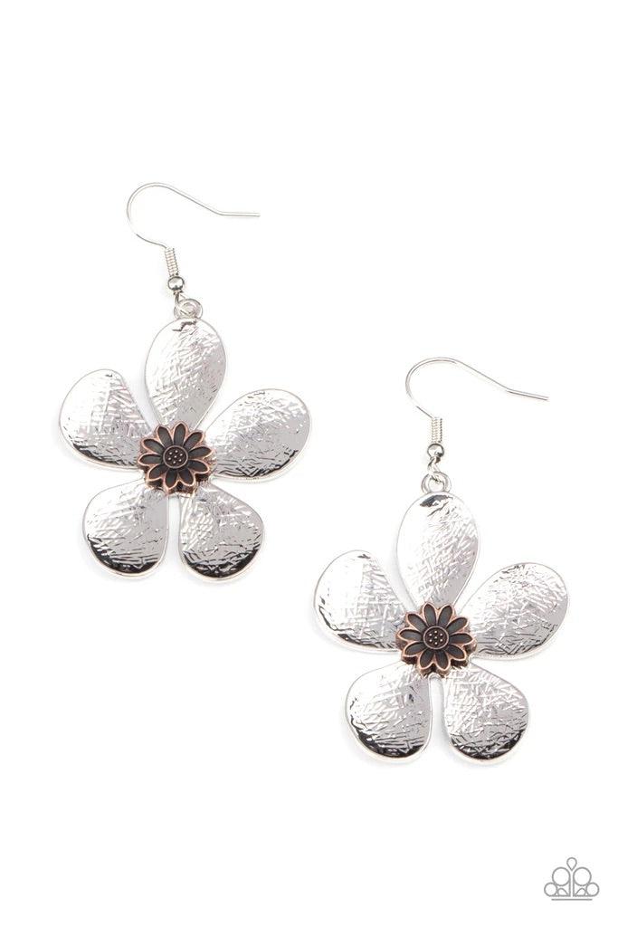 Paparazzi Accessories Fresh Florals - Silver Shiny etched silver petals bloom from a copper floral adorned center, creating a whimsical display. Earring attaches to a standard fishhook fitting. Sold as one pair of earrings. Jewelry