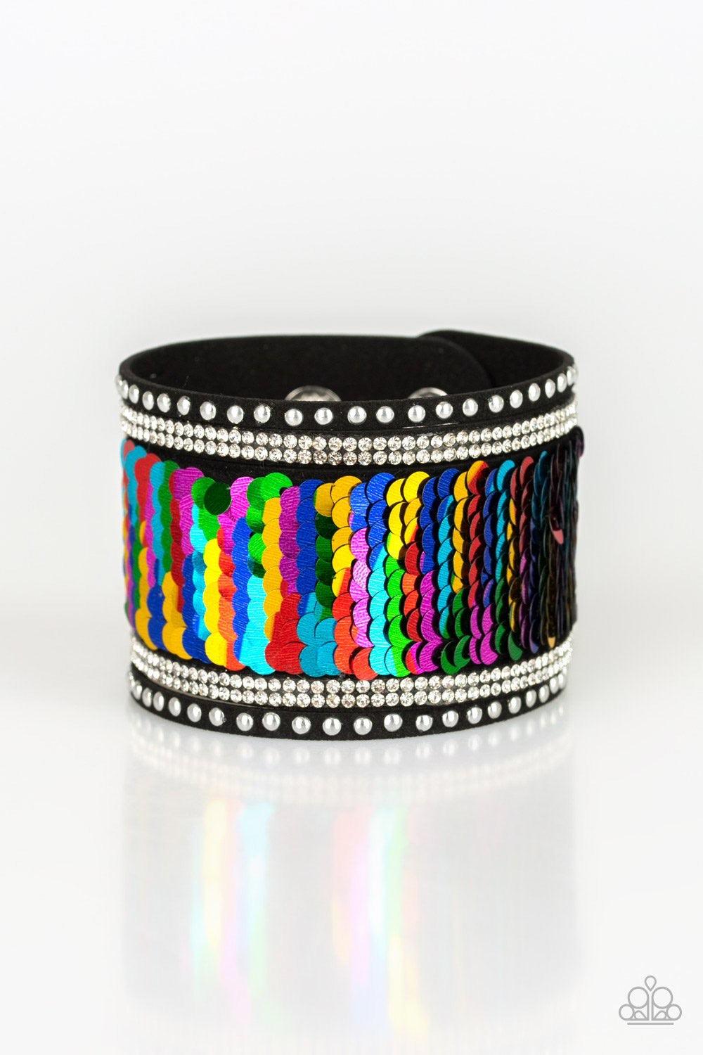 Paparazzi Accessories MERMAIDS Have More Fun - Multi Shiny silver studs, glassy white rhinestones, and shimmering sequins are sprinkled across a thick black suede band that has been spliced into five glittery rows. Bracelet features reversible sequins tha
