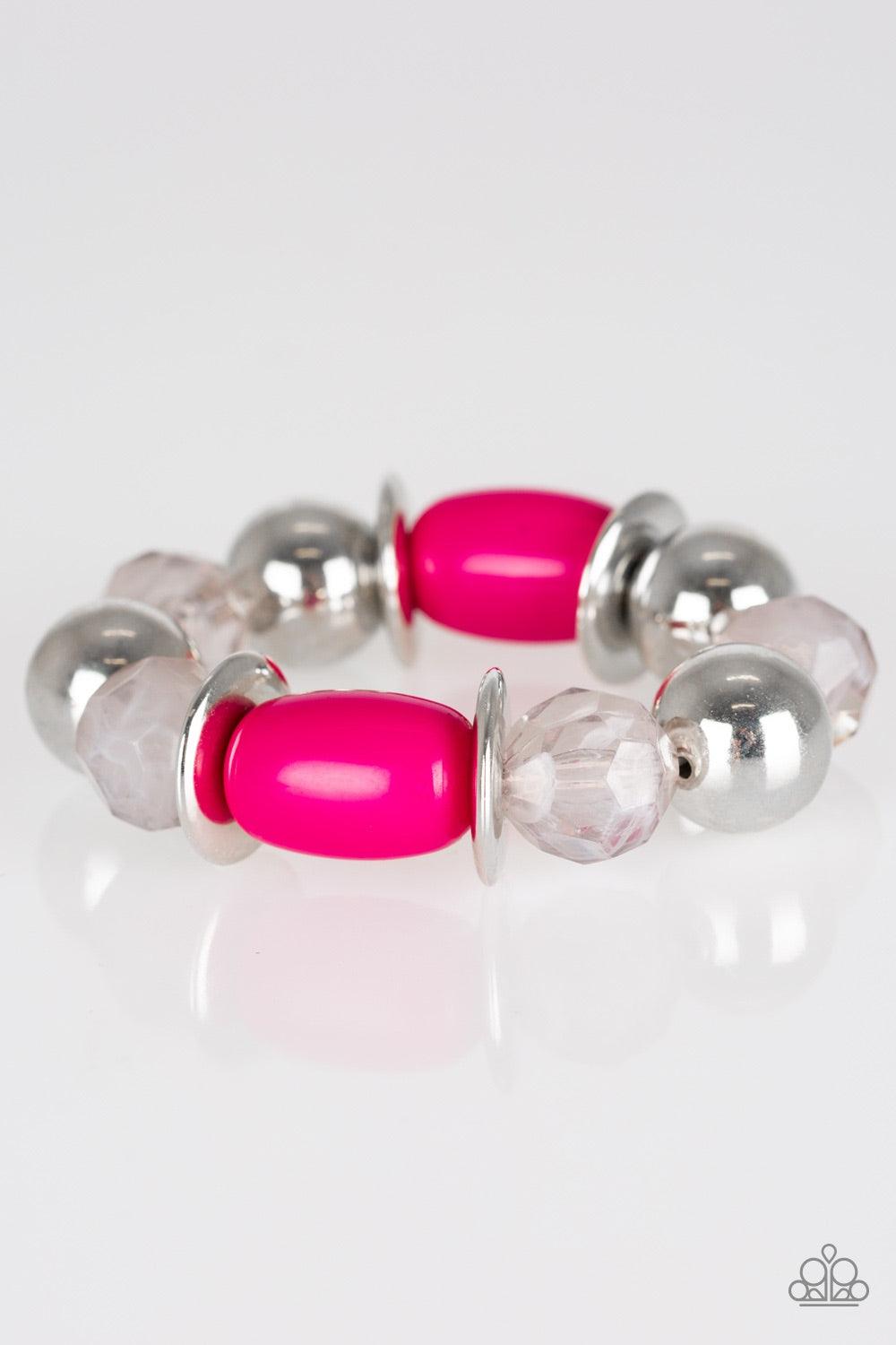 Paparazzi Accessories BAY After BAY - Pink Dramatic silver, vibrant pink, and faceted cloudy beads are threaded along a stretchy elastic band, creating a seasonal look around the wrist. Jewelry