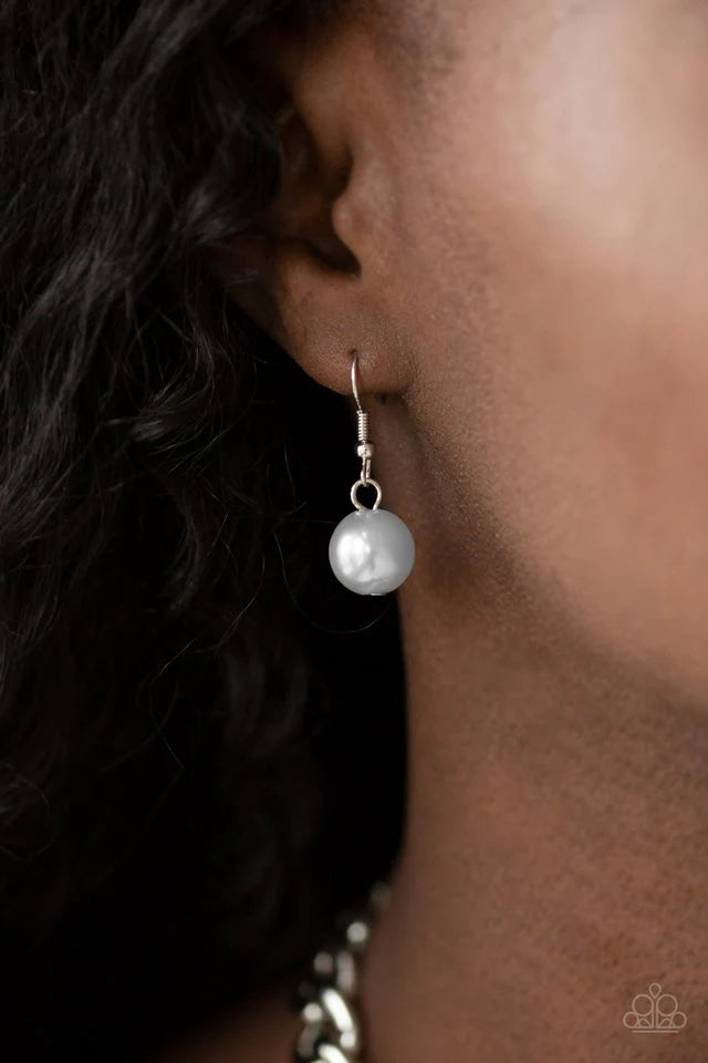 Paparazzi Accessories Get Off My Runway - Silver Bubbly silver pearls swing from the bottom of a hefty silver chain, creating a dramatic fringe below the collar. Features an adjustable clasp closure. Sold as one individual necklace. Includes one pair of m