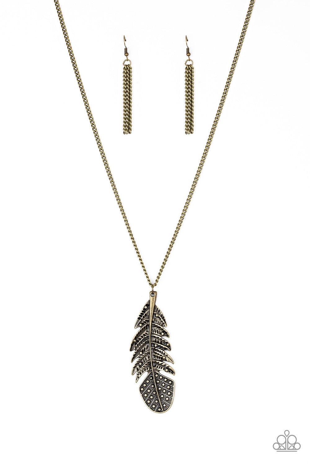 Paparazzi Accessories Free Bird - Brass Featuring studded and antiqued textures, a dramatic brass feather pendant swings from the bottom of an elongated brass chain for a free-spirited fashion. Features an adjustable clasp closure. Jewelry