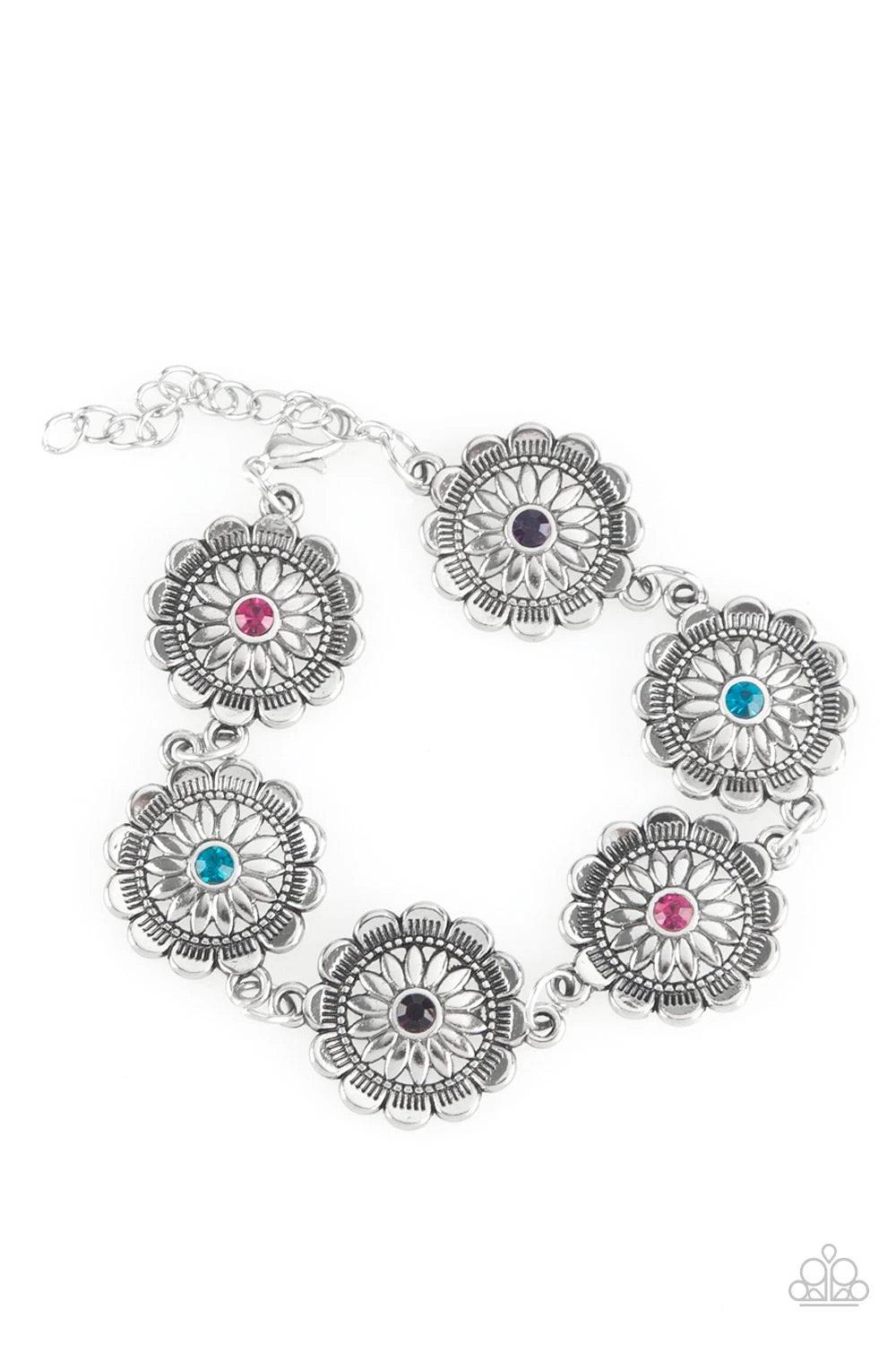 Paparazzi Accessories Funky Flower Child - Multi Dotted with multicolored rhinestone centers, ornate silver floral frames link across the wrist for a seasonal look. Features an adjustable clasp closure. Sold as one individual bracelet. Jewelry