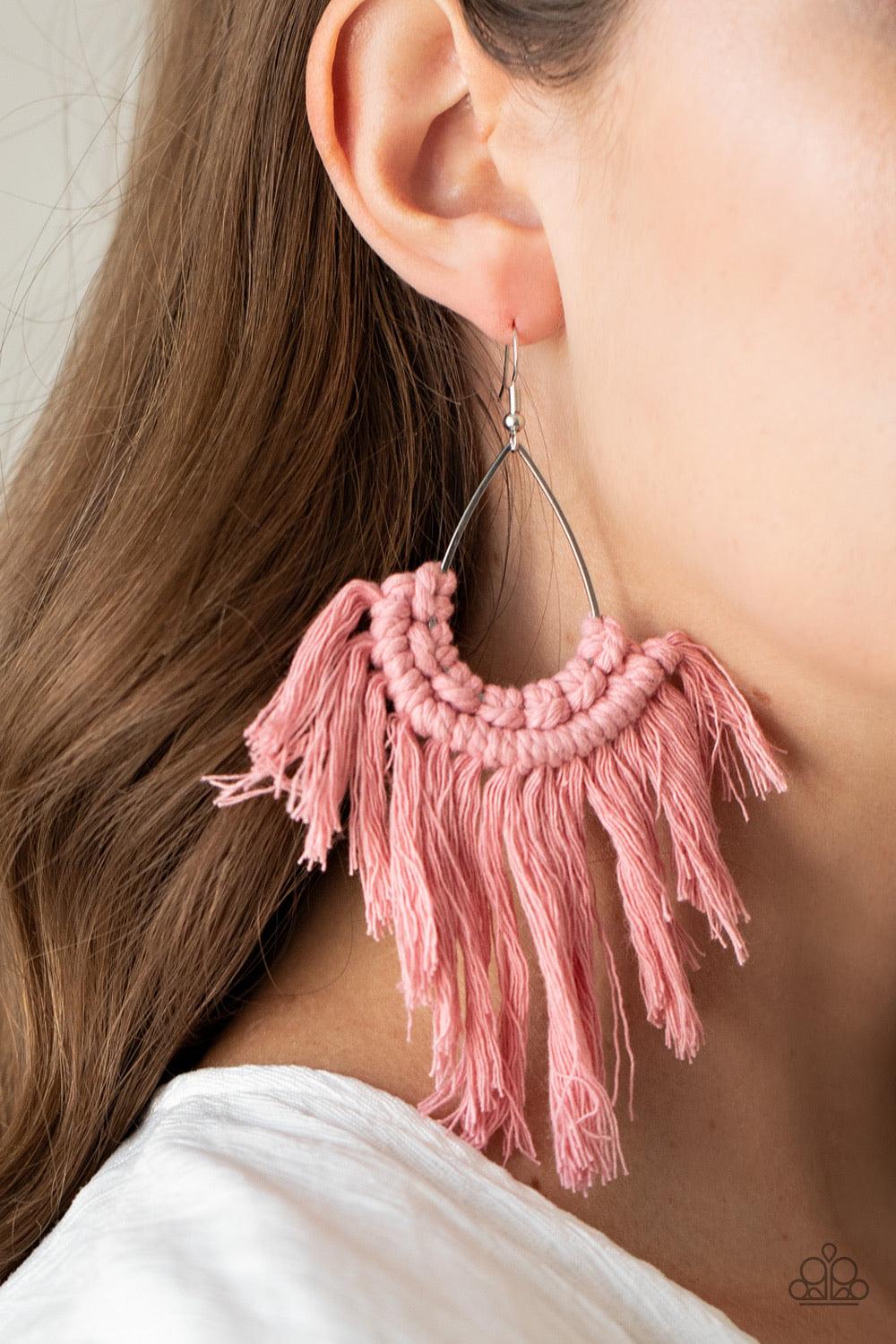 Paparazzi Accessories Wanna Piece of MACRAME? ~Pink Tassels of Rose Tan thread decoratively knot at the bottom of a shiny silver teardrop, creating an earthy fringe. Earring attaches to a standard fishhook fitting. Sold as one pair of earrings. Sold as on