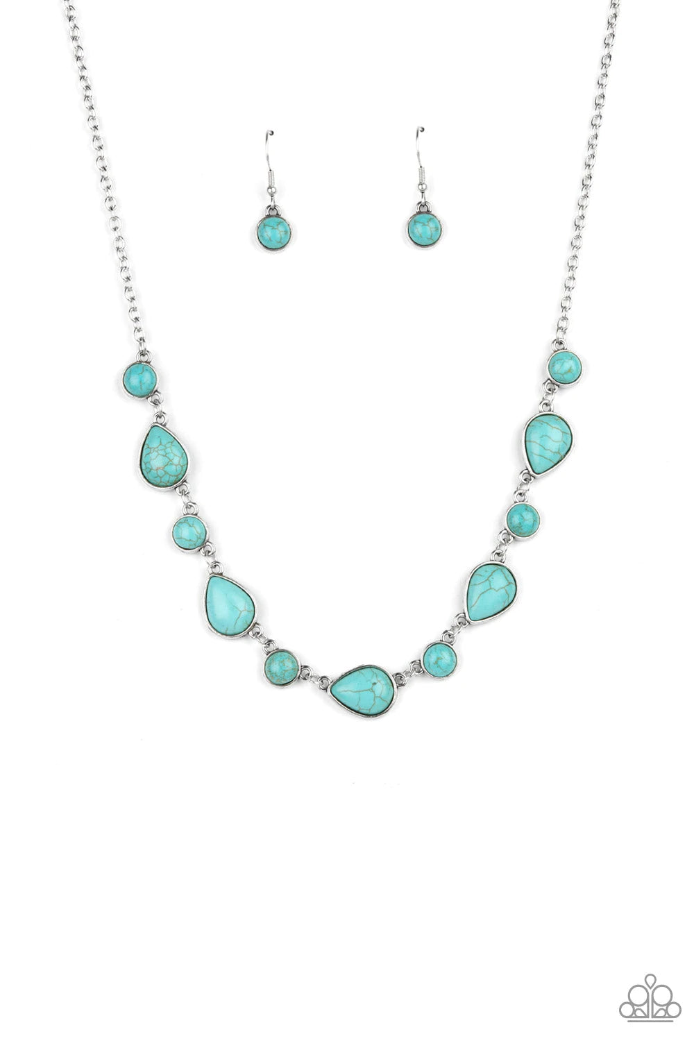 Paparazzi Accessories Heavenly Teardrops - Blue Encased in sleek silver frames, a refreshing collection of round and teardrop turquoise stones delicately link below the collar for a whimsical pop of color. Features an adjustable clasp closure. Sold as one