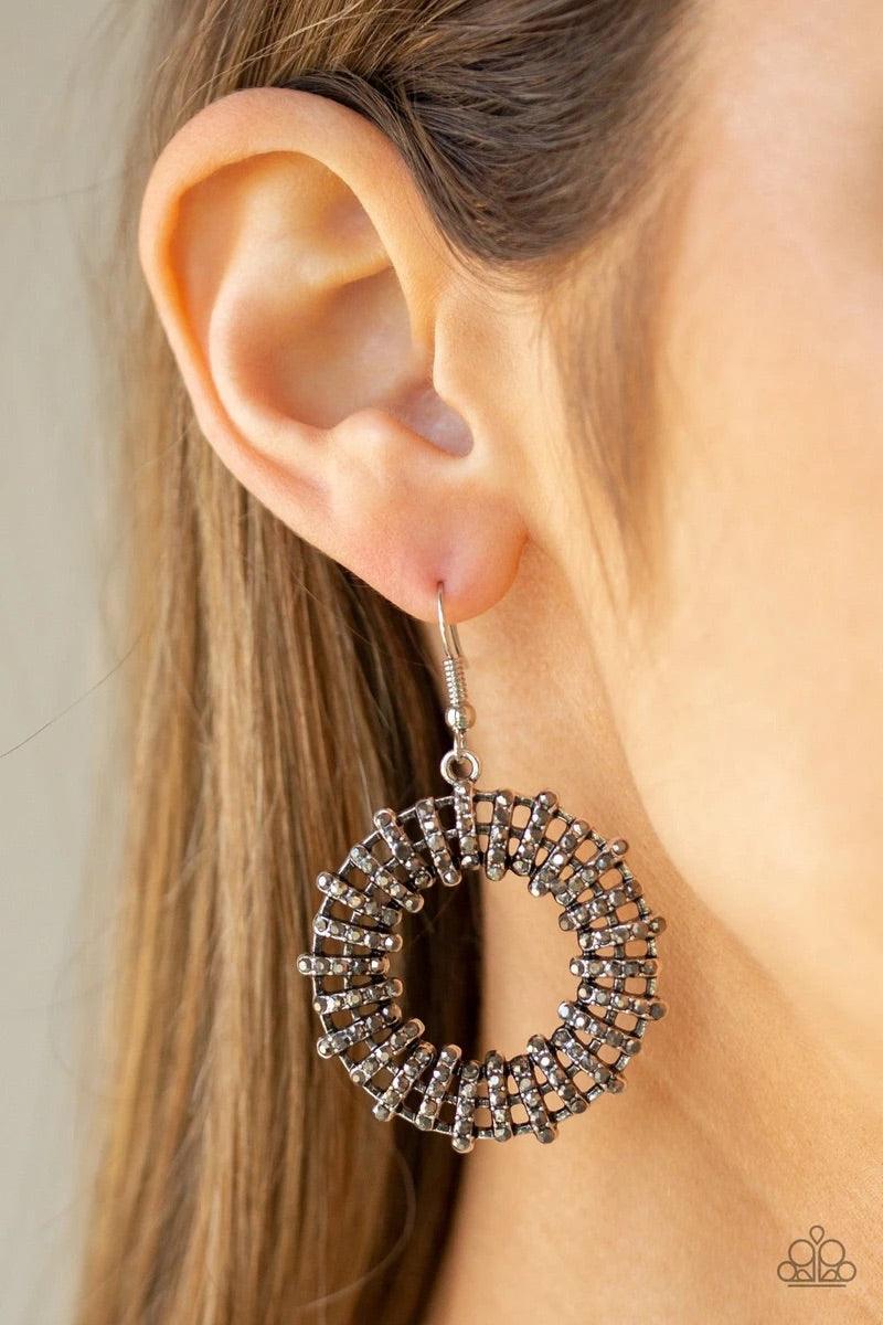 Paparazzi Accessories Girl Of Your GLEAMS - Silver Dainty hematite rhinestone encrusted frames stack along a bold silver hoop, creating daring dazzle. Earring attaches to a standard fishhook fitting. Sold as one pair of earrings. Jewelry