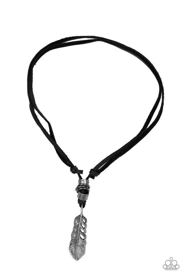 Paparazzi Accessories That QUILL Be The Day - Black Infused with antiqued silver beading, a lifelike silver feather pendant is knotted in place below the collar for a seasonal flair. Features an adjustable sliding knot closure. Jewelry