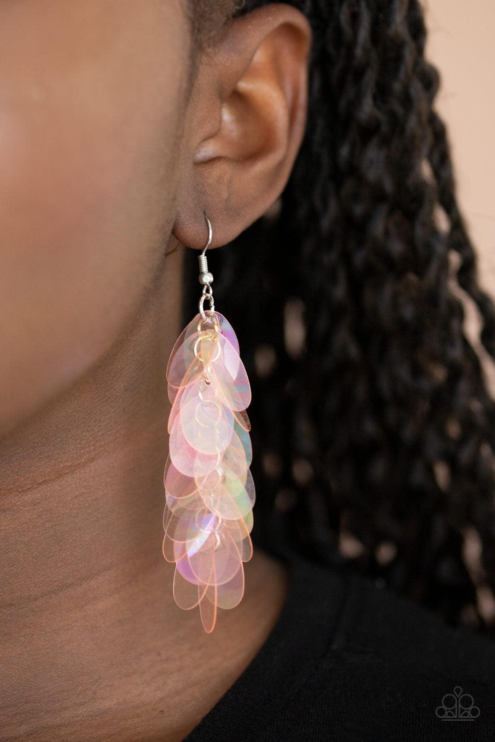 Paparazzi Accessories Stellar In Sequins - Pink Featuring an iridescent shimmer, oversized oval pink sequins cascade from the ear, creating a playful fringe. Earring attaches to a standard fishhook fitting./P> Sold as one pair of earrings. Jewelry
