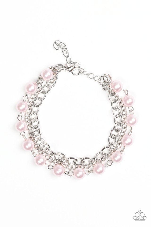 Paparazzi Accessories Classically Cambridge - Pink A classic strand of pink pearls joins two mismatched silver chains around the wrist for a refined look. Features an adjustable clasp closure. Sold as one individual bracelet. Jewelry