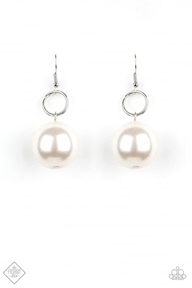 Paparazzi Accessories Wall Street Welcome Party - White A dramatically oversized white pearl dangles from a dainty silver ring, coalescing into a refined statement piece. Earring attaches to a standard fishhook fitting. Jewelry