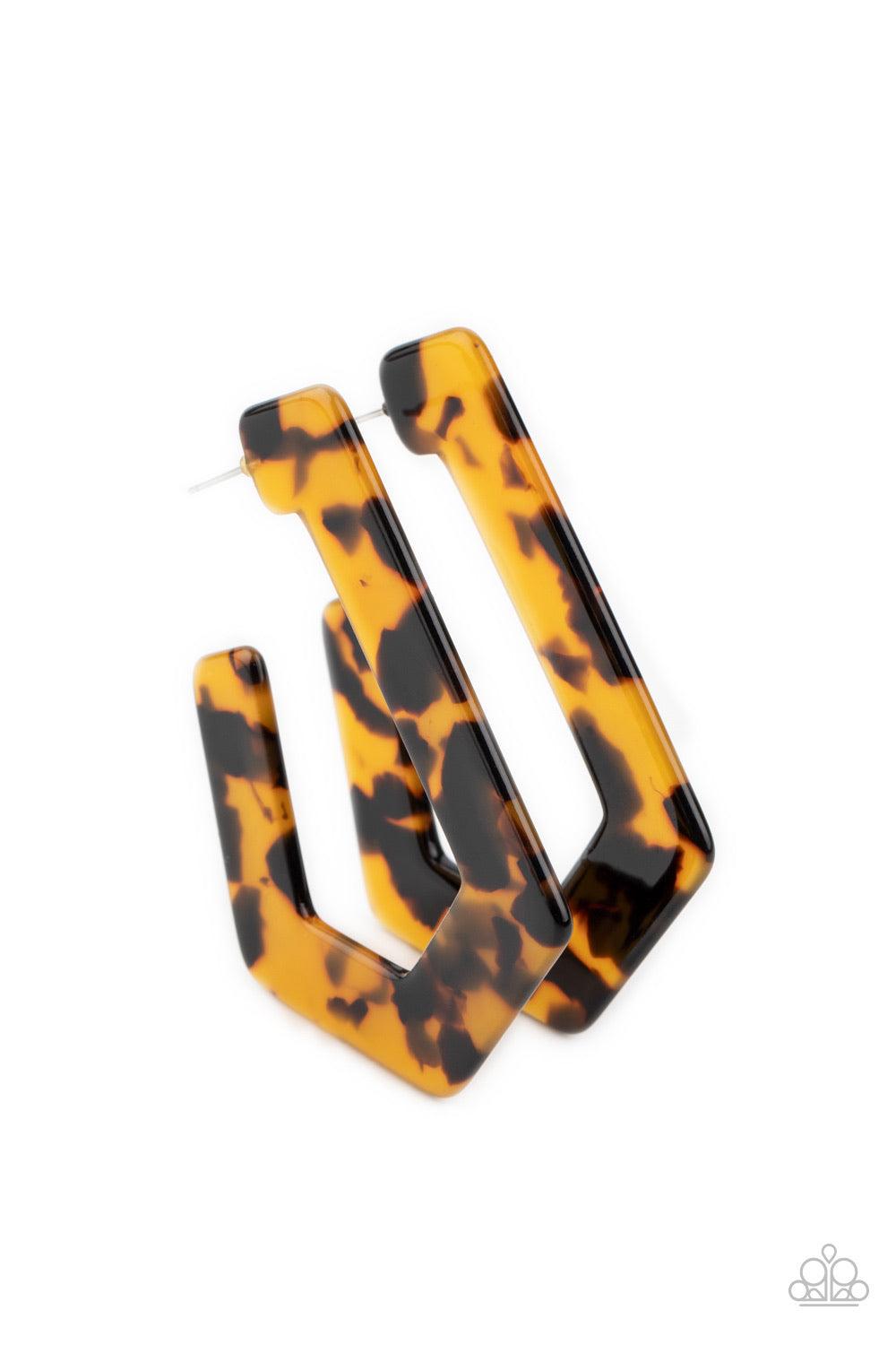 Paparazzi Accessories Flat Out Fearless - Multi Featuring a classic tortoise shell pattern, a speckled acrylic frame delicately bends into an edgy hoop. Earring attaches to a standard post fitting. Hoop measures approximately 1 3/4" in diameter. Sold as o