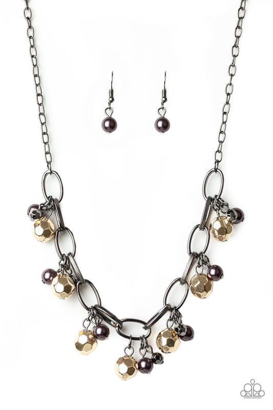 Paparazzi Accessories Malibu Movement - Multi Varying in size, a collection of faceted gold and pearly gunmetal beads swings from a bold gunmetal chain, creating a whimsical metallic fringe below the collar. Features an adjustable clasp closure. Sold as o
