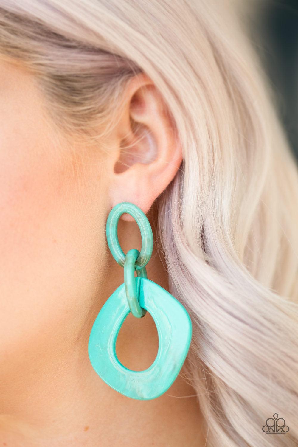 Paparazzi Accessories Torrid Tropicana - Blue Brushed in a smoky faux marble finish, shiny blue hoops connect to a larger asymmetrical frame for a retro look. Earring attaches to a standard post fitting. Sold as one pair of post e Jewelry