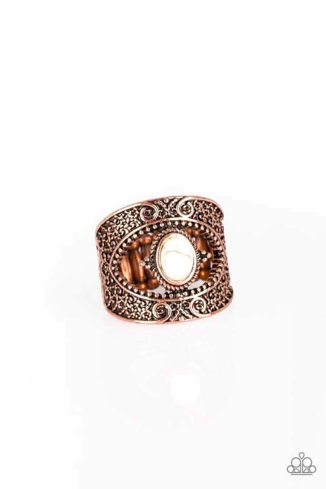 Paparazzi Accessories Rural Relic - Copper Embossed in shimmery filigree, glistening copper frames join around a refreshing white stone center for a seasonal look. Features a stretchy band for a flexible fit. Jewelry