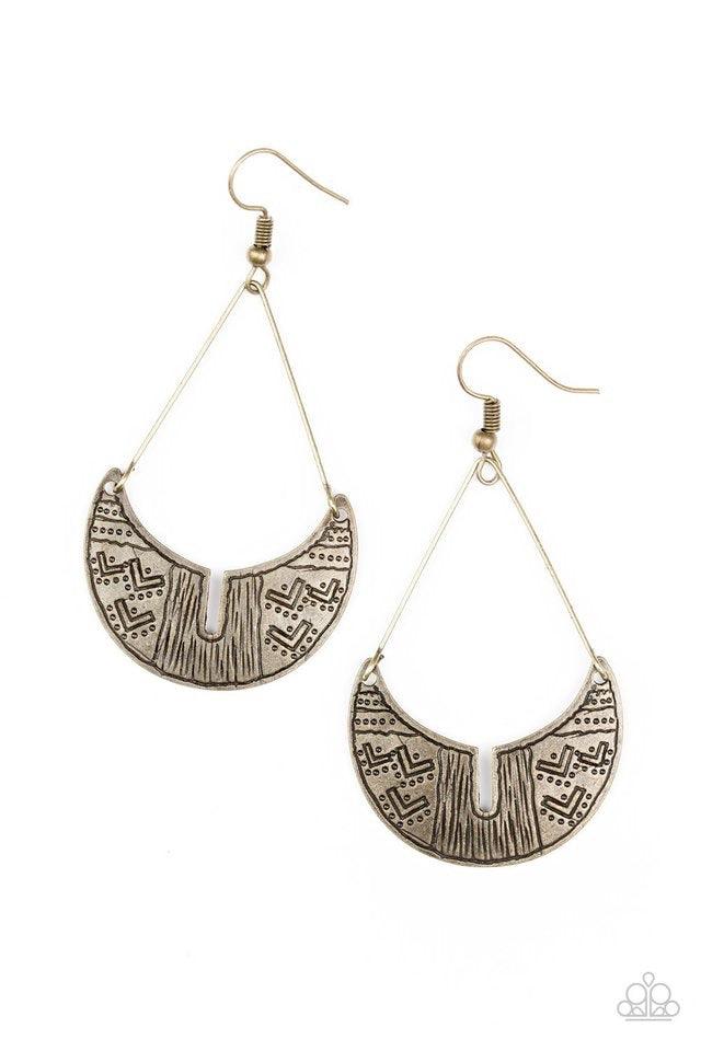Paparazzi Accessories Trading Post Trending - Brass Stamped in tribal inspired patterns, a brass crescent frame attaches to triangular bar fittings for an indigenous look. Earring attaches to a standard fishhook fitting. Jewelry