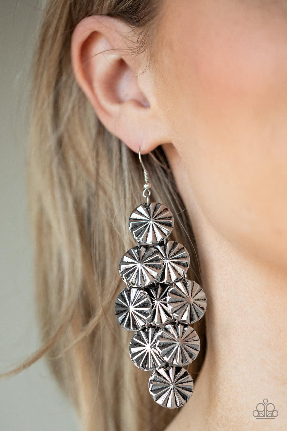 Paparazzi Accessories Star Spangled Shine - Silver Creased in star-like patterns, antiqued silver discs attach to a silver netted backdrop, linking into an edgy lure. Earring attaches to a standard fishhook fitting. Sold as one pair of earrings. Jewelry