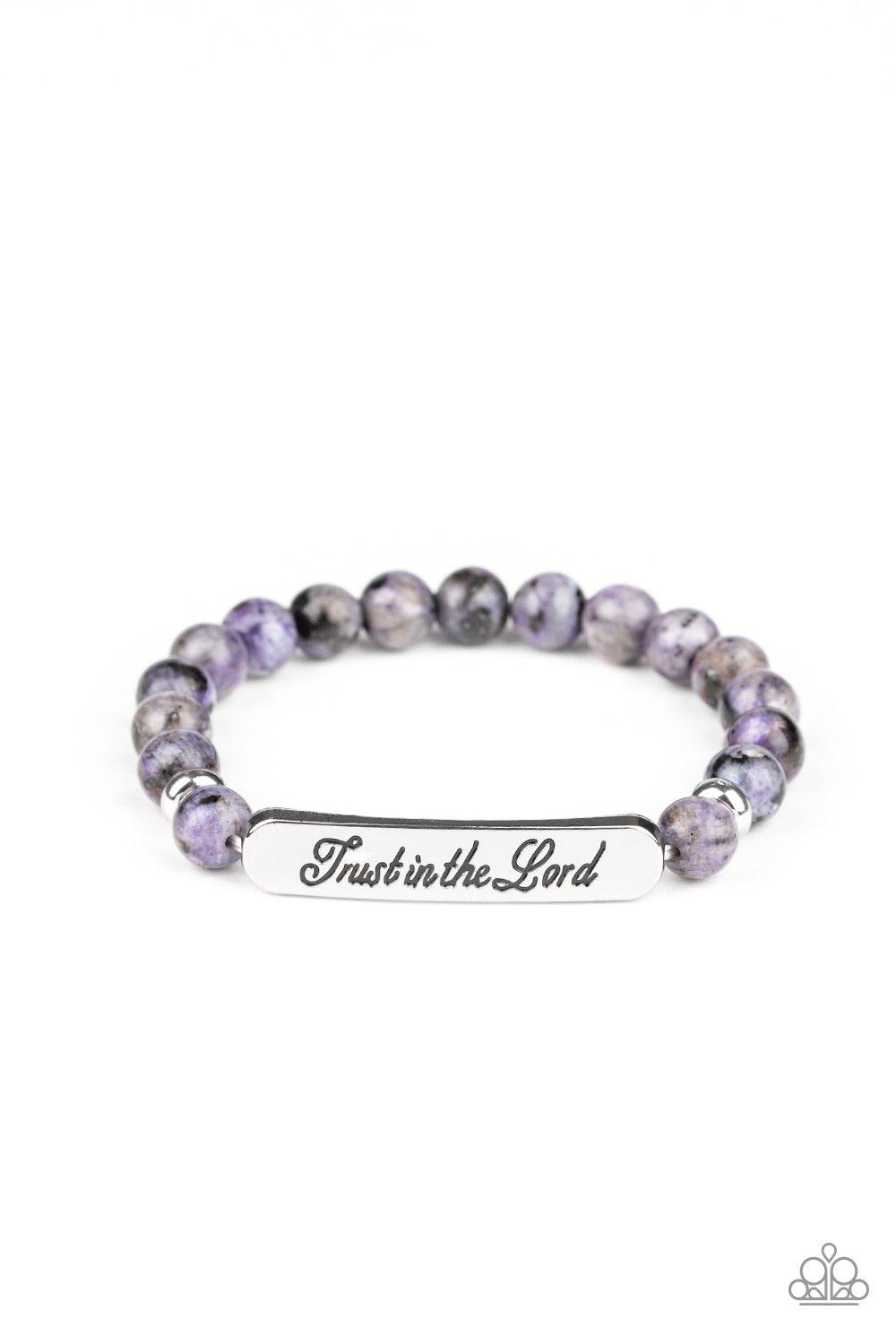 Paparazzi Accessories Keep The Trust ~Purple Infused with dainty silver accents, a collection of glassy purple stone beads and a shimmery silver frame stamped in the phrase, "Trust in the Lord", are threaded along a stretchy band around the wrist for an i