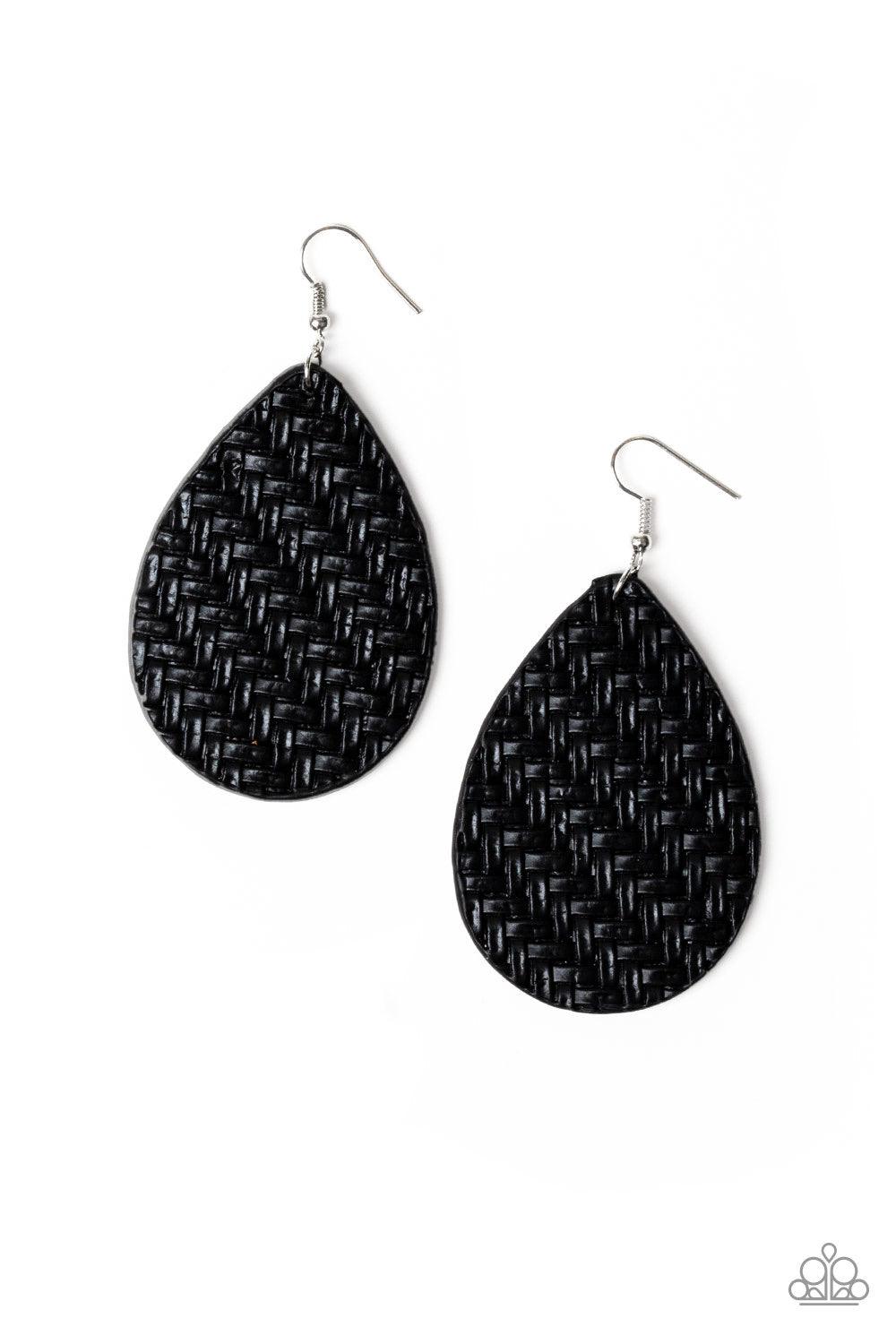 Paparazzi Accessories Teardrop Trend - Black Featuring a wicker basket-like pattern, a black leather teardrop swings from the ear for a trendy look. Earring attaches to a standard fishhook fitting. Jewelry