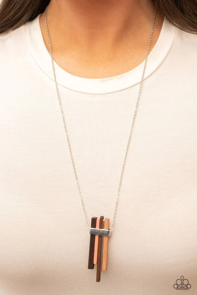 Paparazzi Accessories Cayman Castaway - Multi Banded together with a bold silver fitting, a collection of brown and coral rectangular wooden frames join a hammered silver plate along an extended silver chain for an earthy twist. Features an adjustable cla