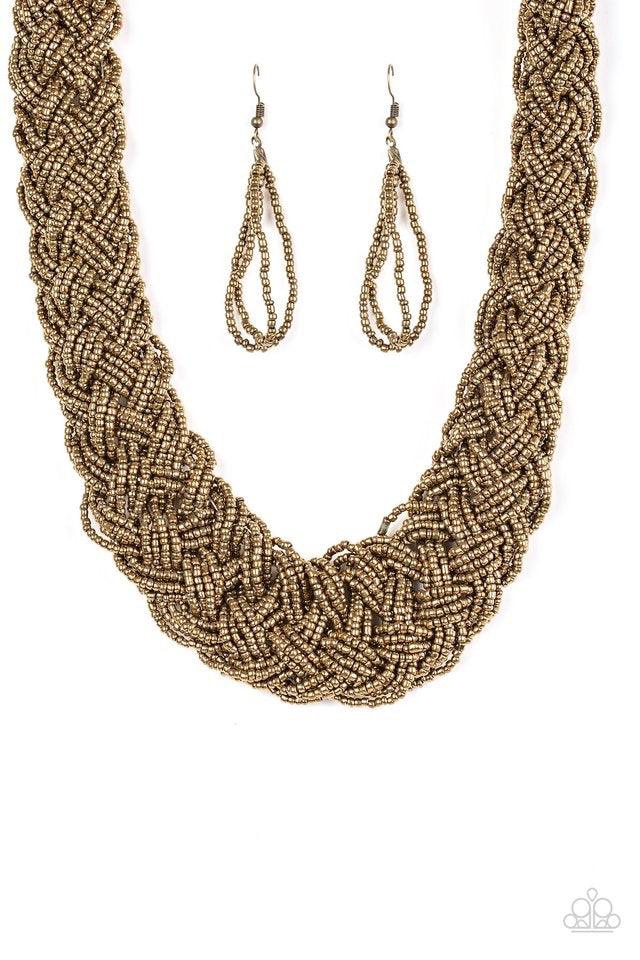 Paparazzi Accessories Mesmerizingly Mesopotamia - Brass Brushed in a metallic shimmer, brass seed beads braid into an indigenous braid below the collar for a seasonal look. Features an adjustable clasp closure. Jewelry