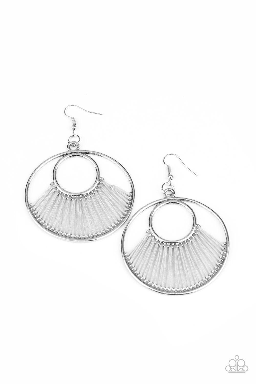Paparazzi Accessories Really High-Strung - Silver Shiny Sleet thread loops through the bottoms of a small and large silver hoop, creating a colorfully fanned-out pattern. Earring attaches to a standard fishhook fitting. Sold as one pair of earrings. Jewel