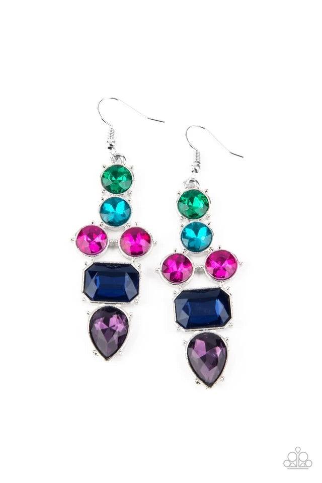 Paparazzi Accessories Look At Me GLOW! - Blue Featuring emerald, round, and teardrop shapes, a sparkly series of green, blue, pink, and purple rhinestones coalesce into a dramatically regal lure. Earring attaches to a standard fishhook fitting. Sold as on