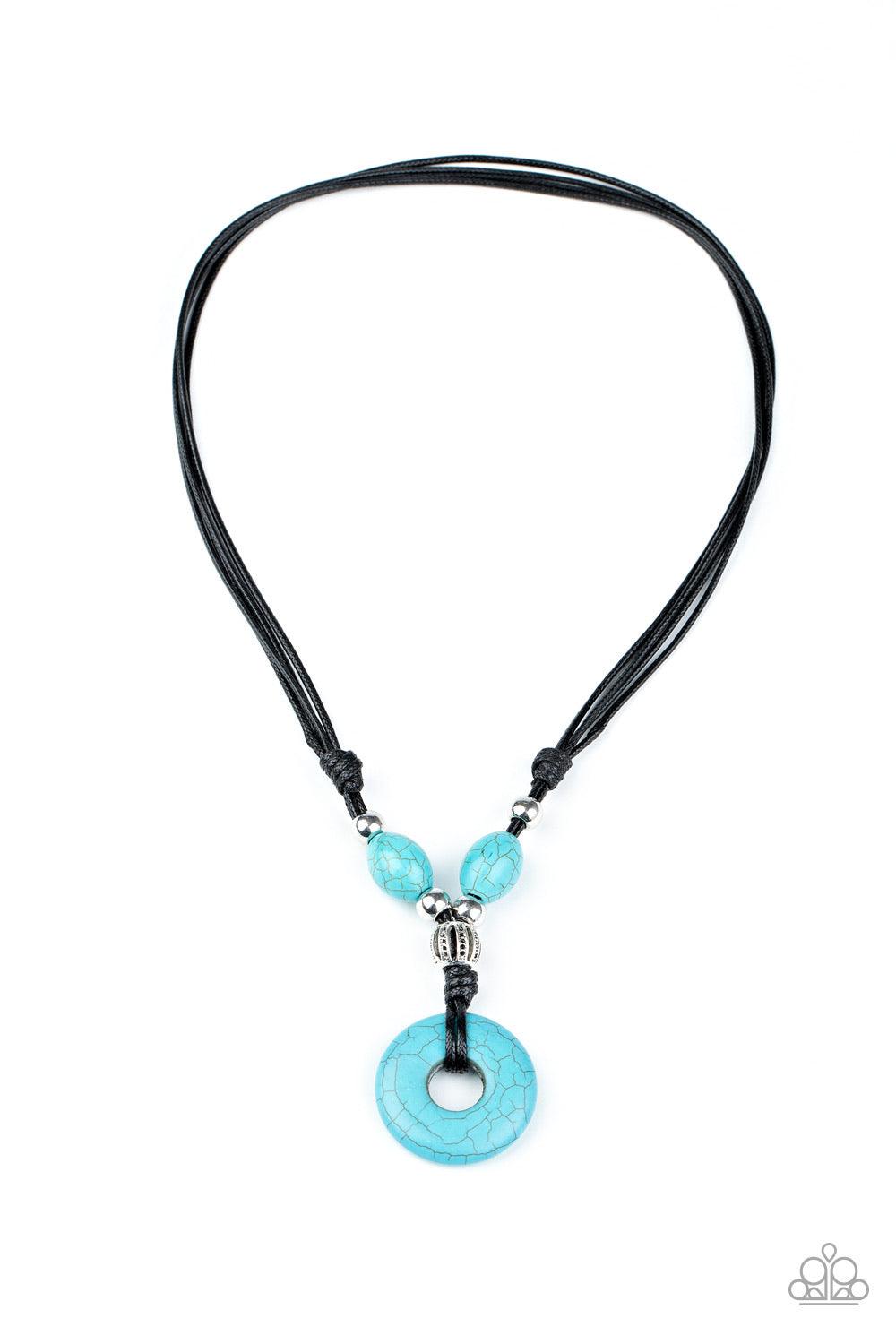 Paparazzi Accessories Middle Earth - Blue A refreshing turquoise stone disc is knotted in place at the bottom of shiny black cording decorated in matching turquoise stone and ornate silver beads, creating an earthy display below the collar. Features an ad