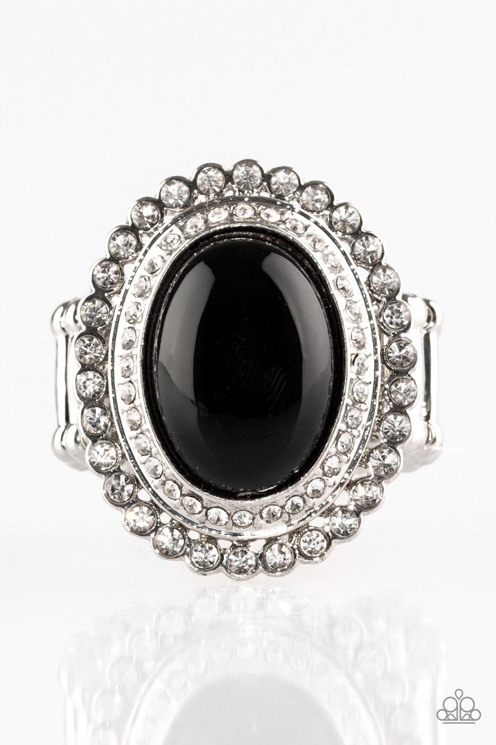 Paparazzi Accessories Opulently Olympian - Black A shiny black bead adorns the center of stacked silver frames encrusted in glassy white rhinestones for a dramatically refined look. Features a stretchy band for a flexible fit. Jewelry