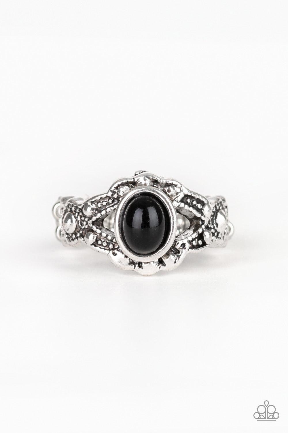 Paparazzi Accessories Definitely DOT! - Black A shiny black bead dots the center of a dainty silver band radiating with studded texture for a whimsical look. Features a dainty stretchy band for a flexible fit. Sold as one individual ring. Jewelry