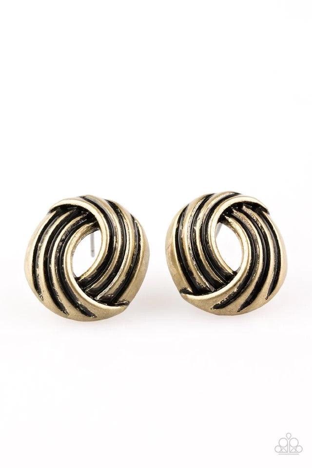 Paparazzi Accessories Rare Refinement ~Brass Rippling with shimmery textures, antiqued brass ribbons fold into a round frame for a radiant finish. Earring attaches to a standard post fitting. Sold as one pair of post earrings. Jewelry
