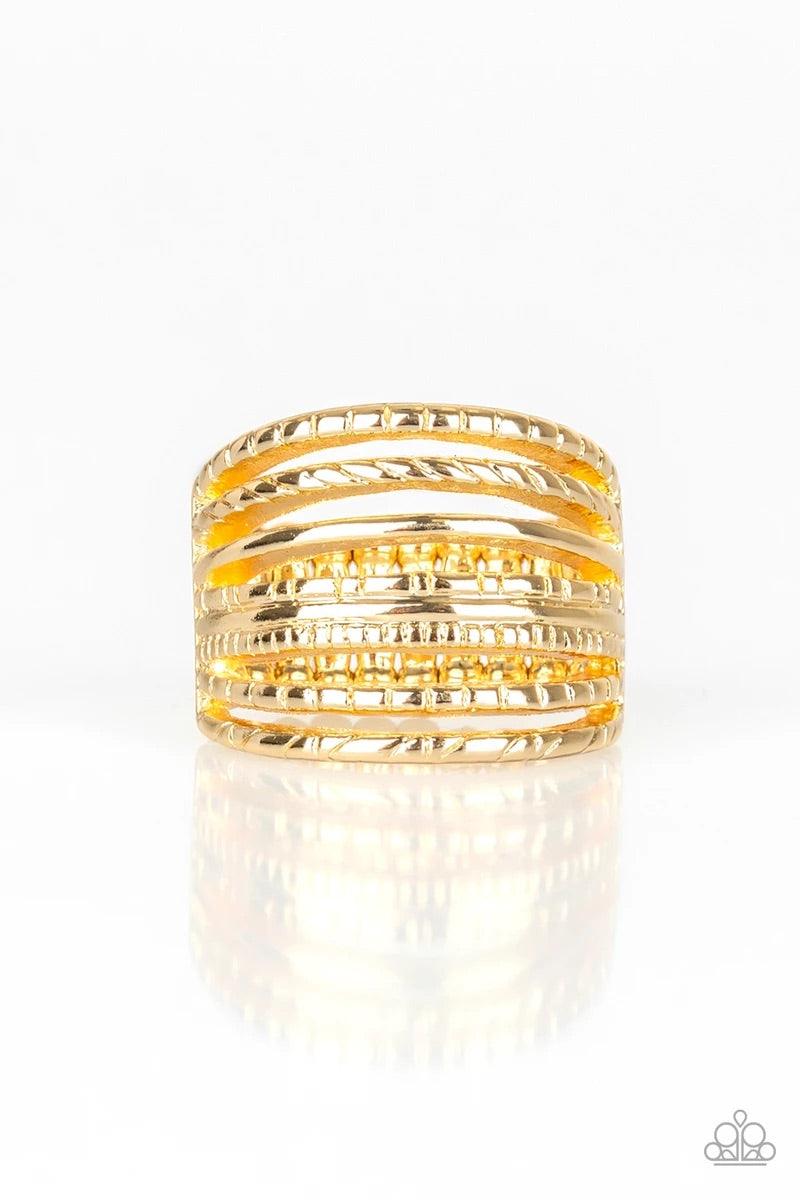Paparazzi Accessories Basic Maverick - Gold A collection of smooth and textured gold bars arc across the finger, stacking into a thick layered band. Features a stretchy band for a flexible fit. Sold as one individual ring. Jewelry