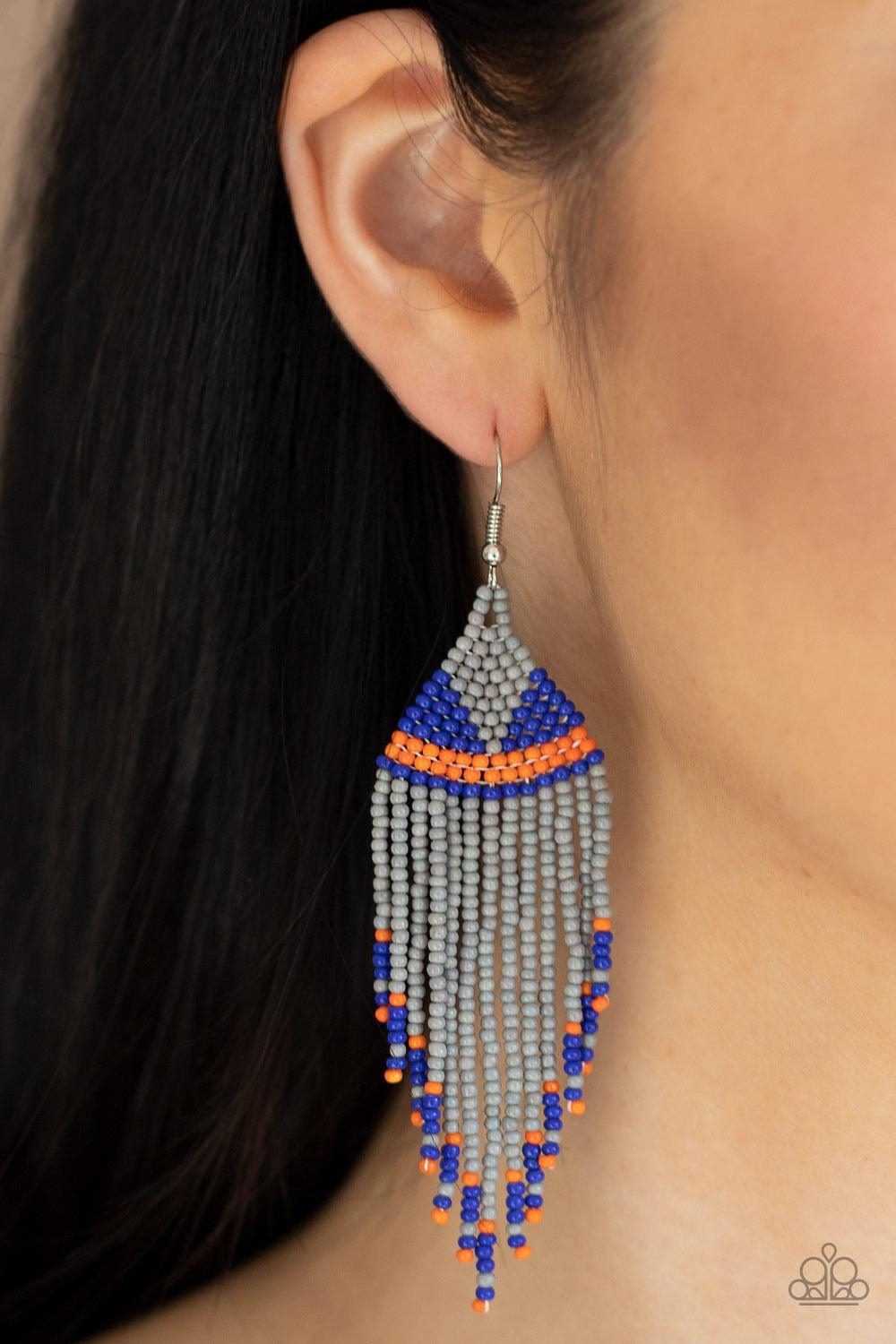 Paparazzi Accessories BEADazzle Me - Silver Strands of gray, blue, and orange seed beads colorfully weave into a vivaciously beaded fringe. Earring attaches to a standard fishhook fitting. Sold as one pair of earrings. Jewelry