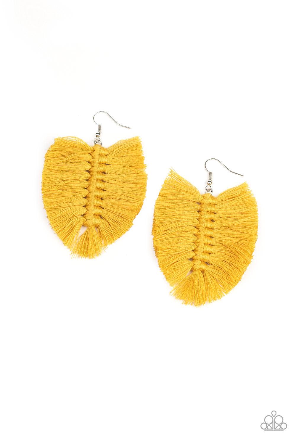 Paparazzi Accessories Knotted Native - Yellow Saffron tassels knot together, coalescing into a bold fringe for a dramatic look. Earring attaches to a standard fishhook fitting. Jewelry
