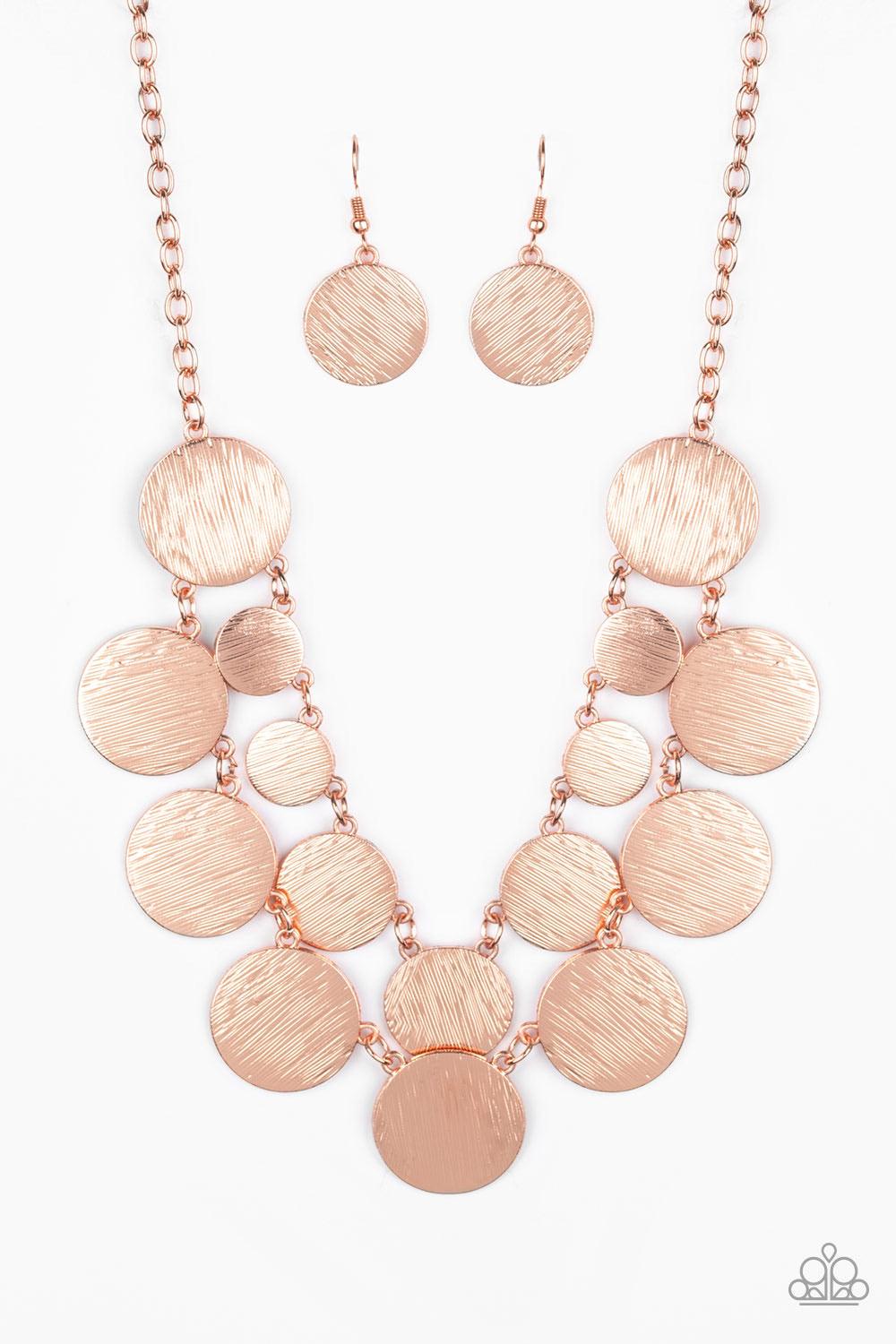 Paparazzi Accessories Stop And Reflect - Copper Featuring a blinding scratched shimmer, a collection of shiny copper discs link below the collar, creating radiant rows. Features an adjustable clasp closure. Sold as one individual necklace. Includes one pa