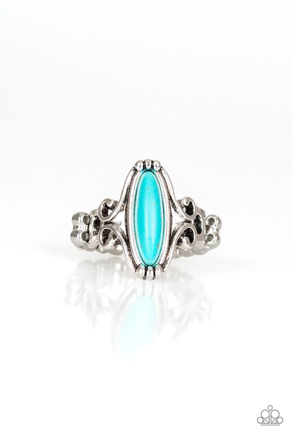 Paparazzi Accessories Desert Canyons - Blue A dainty turquoise stone bead is pressed into the center of an antiqued silver frame radiating with glistening filigree for a seasonal look. Features a dainty stretchy band for a flexible fit. Sold as one indivi