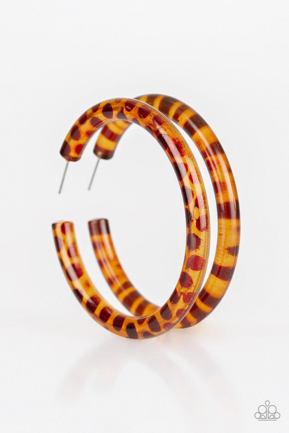 Paparazzi Accessories Miami Minimalist - Brown Dotted in a brown finish, an acrylic hoop curls around the ear for a retro look. Earring attaches to a standard post fitting. Hoop measures 2 1/2" in diameter. Jewelry
