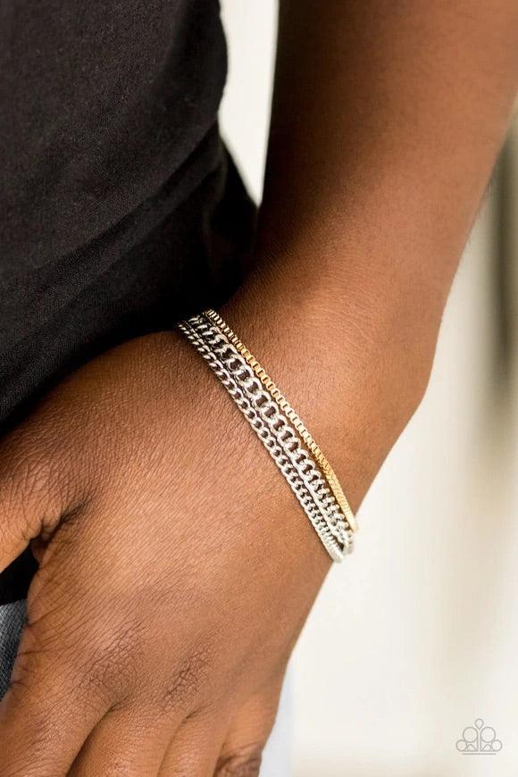 Paparazzi Accessories Industrial Icon - Silver Dainty gold box chain and mismatched silver chains layer across the wrist, creating a collision of industrial textures. Features an adjustable clasp closure. Sold as one individual bracelet. Jewelry