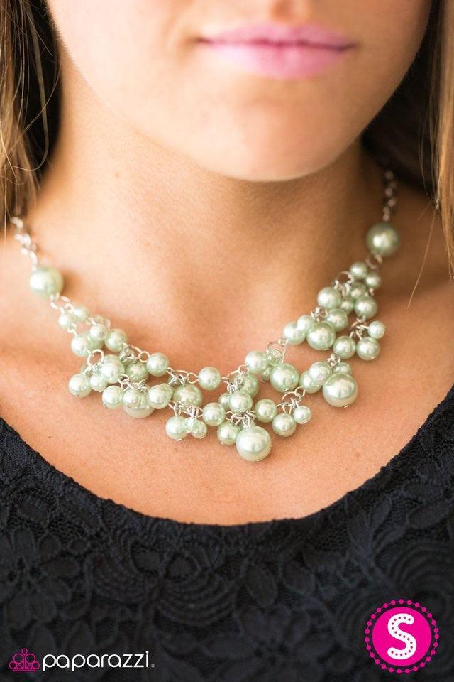 Paparazzi Accessories I Can SEA Clearly Now - Green Two rows of green pearls fall just below the collar, creating rows of cascading elegance. Dainty crystal beads are sprinkled along the pearlescent layers, adding glittering accents to the feminine palett