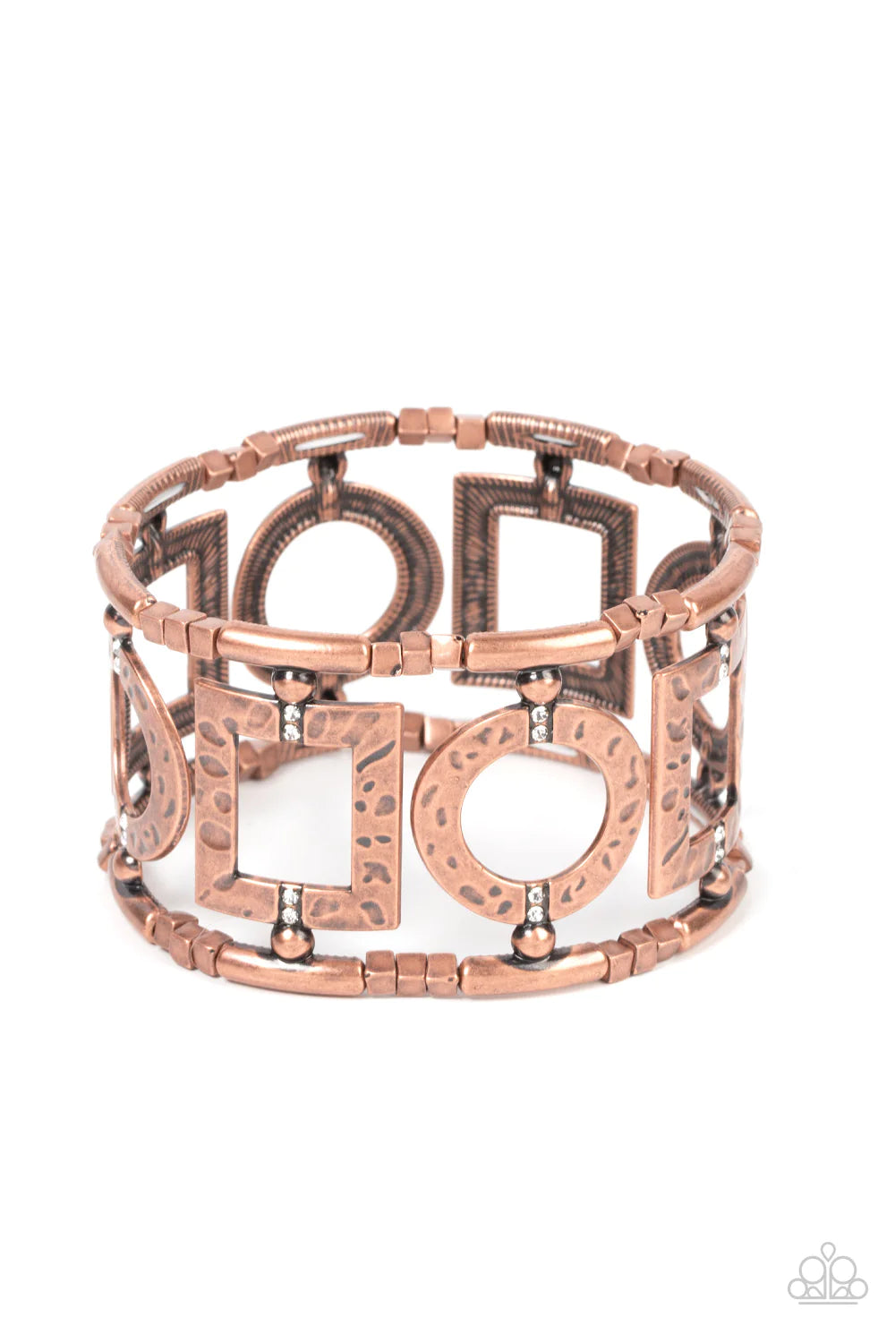 Paparazzi Accessories Framed And Fabulous - Copper Dotted with dainty white rhinestones, an airy collection of hammered circular and rectangular copper frames glides along stretchy bands around the wrist. The geometric frames are separated by trios of dai