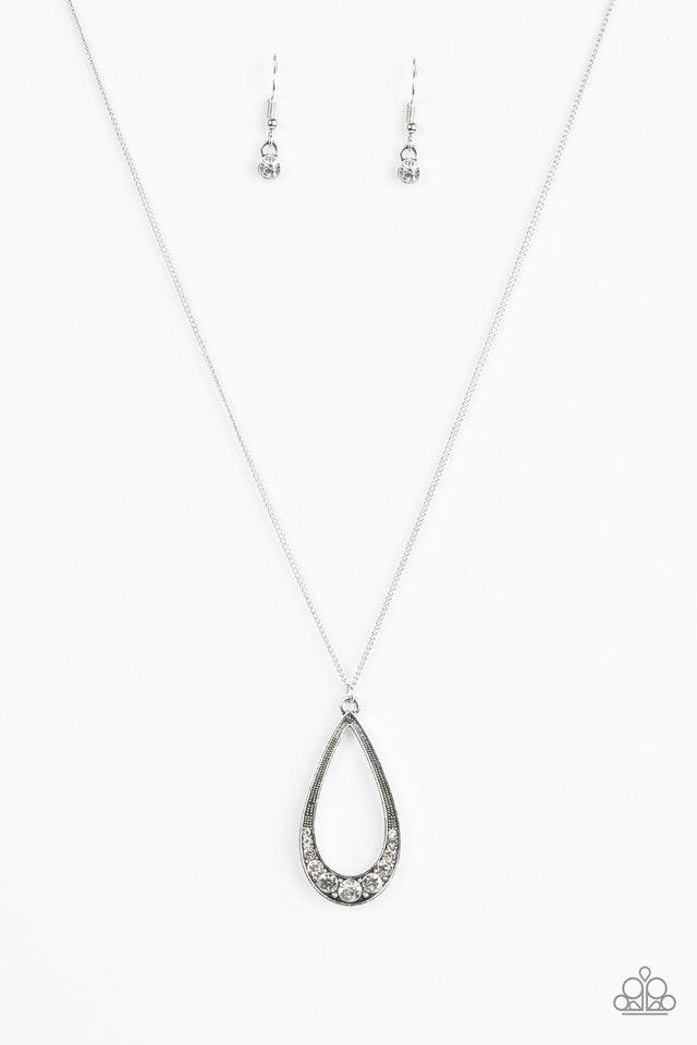 Paparazzi Accessories Teardrop Tease - White Swinging from the bottom of an elongated silver chain, the bottom of a glistening silver teardrop is encrusted in glassy white rhinestones, creating a refined pendant. Features an adjustable clasp closure. Sold