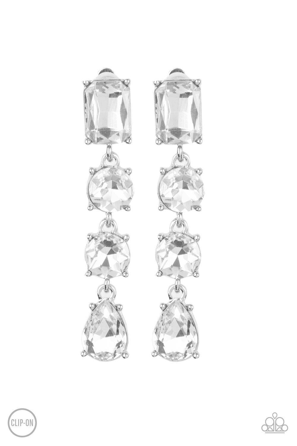 Paparazzi Accessories Make A-List ~White *Clip-On Featuring a glassy white finish, a collection of emerald, round, and teardrop cut rhinestones drip from the ear, connecting into a glamorous lure. Earring attaches to a standard clip-on fitting. Sold as on