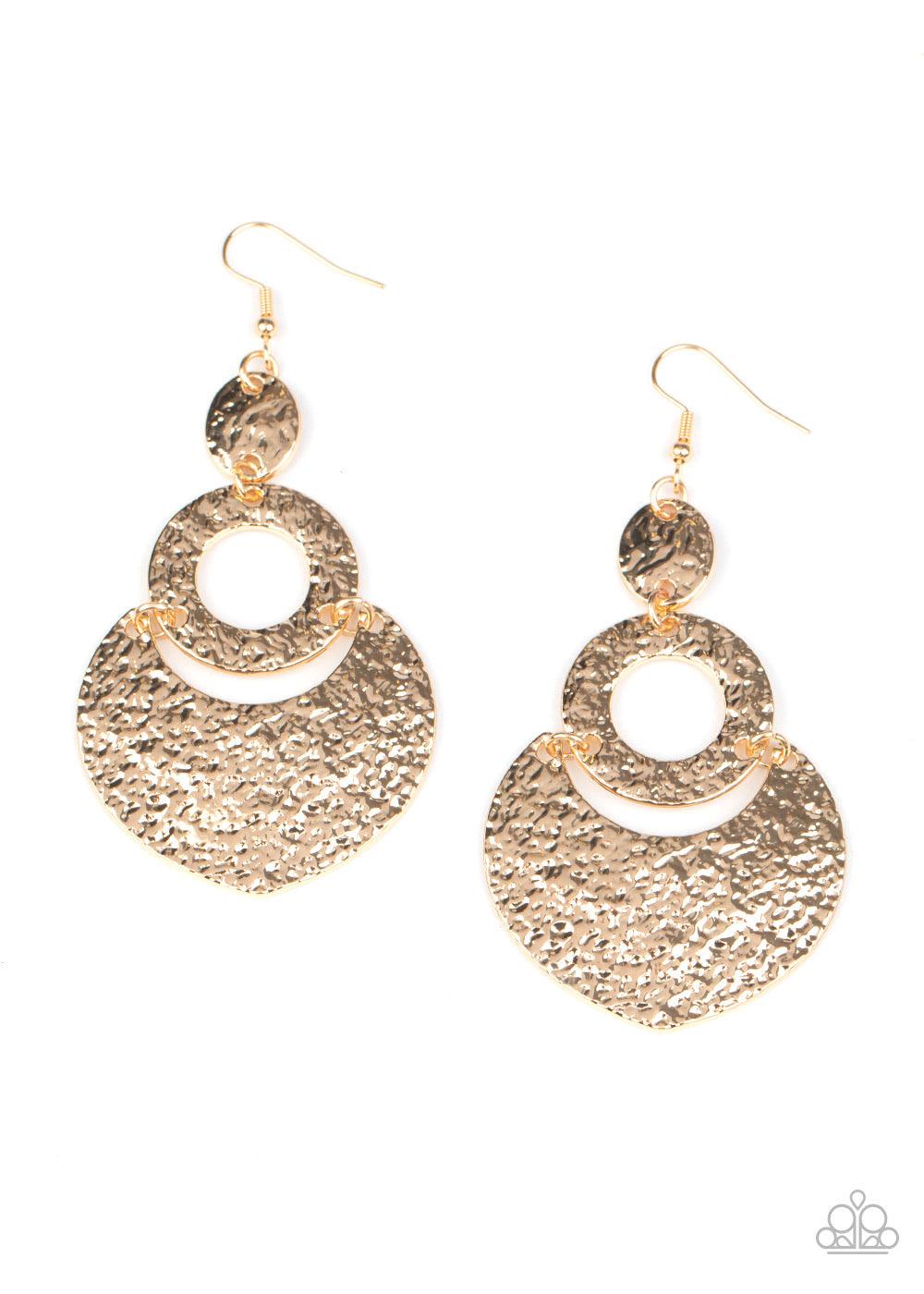 Paparazzi Accessories Shimmer Suite ~Gold Hammered and embossed in shimmery textures, oval, hoop, and crescent gold frames link into a blinding lure. Earring attaches to a standard fishhook fitting. Sold as one pair of earrings.