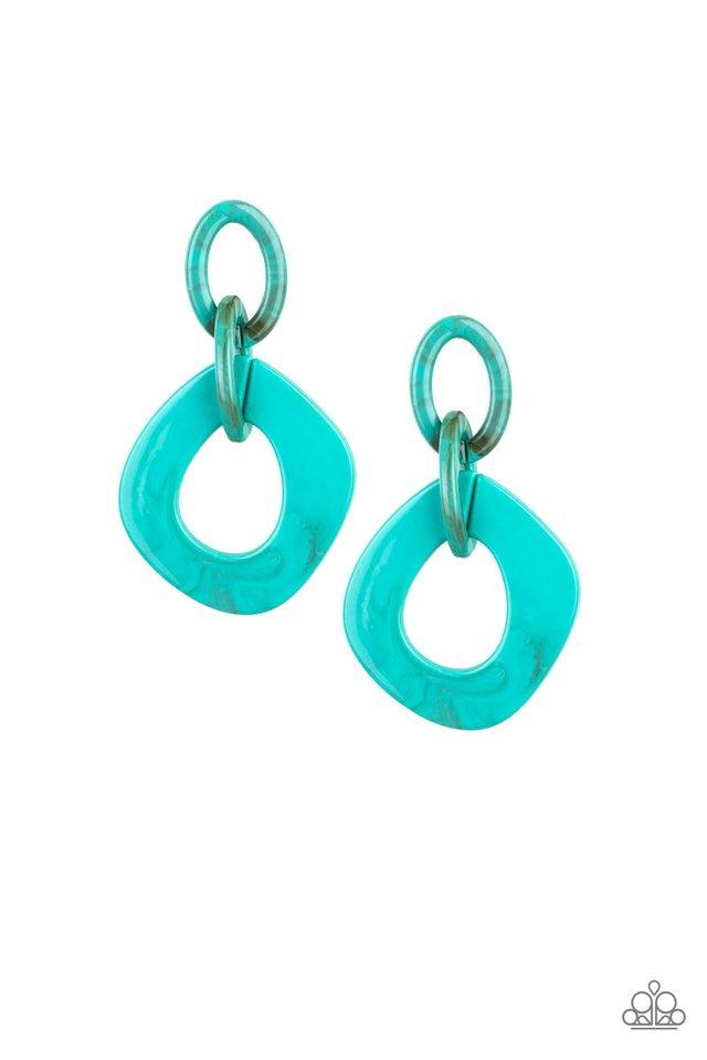 Paparazzi Accessories Torrid Tropicana - Blue Brushed in a smoky faux marble finish, shiny blue hoops connect to a larger asymmetrical frame for a retro look. Earring attaches to a standard post fitting. Sold as one pair of post e Jewelry