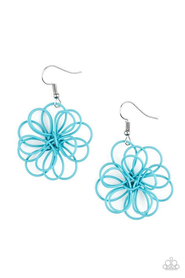 Paparazzi Accessories Midsummer Magic - Blue Brushed in a refreshing blue finish, intricate wires are shaped as petals and knotted in the center to create a small delicate silhouette of a daisy. Earring attaches to a standard fishhook fitting. Sold as one