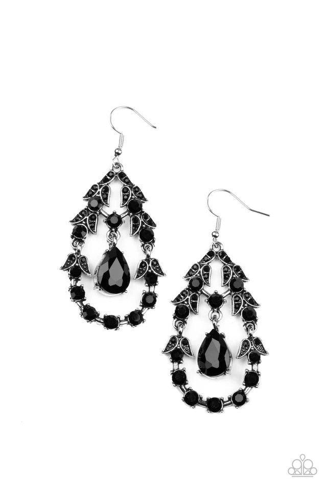 Paparazzi Accessories Garden Decorum - Black A solitaire black teardrop rhinestone swings from the top of an ornately hinged teardrop frame adorned in black rhinestone dotted leafy silver frames, creating a glamorous centerpiece. Earring attaches to a sta