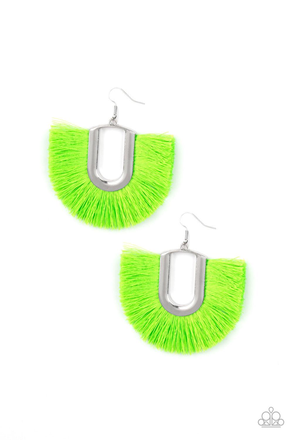 Paparazzi Accessories Tassel Tropicana - Green Tassel Tropicana Green – Paparazzi Earrings. Neon green thread fans out from a striking silver fitting, creating a vivacious fringe Jewelry